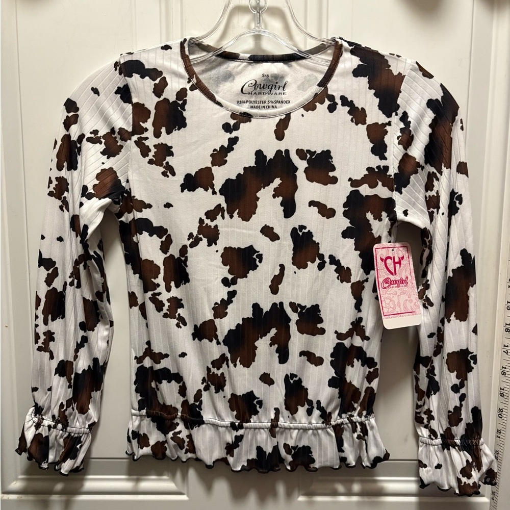 NEW Cowgirl Hardware Cow print long sleeve shirt girls 6/S